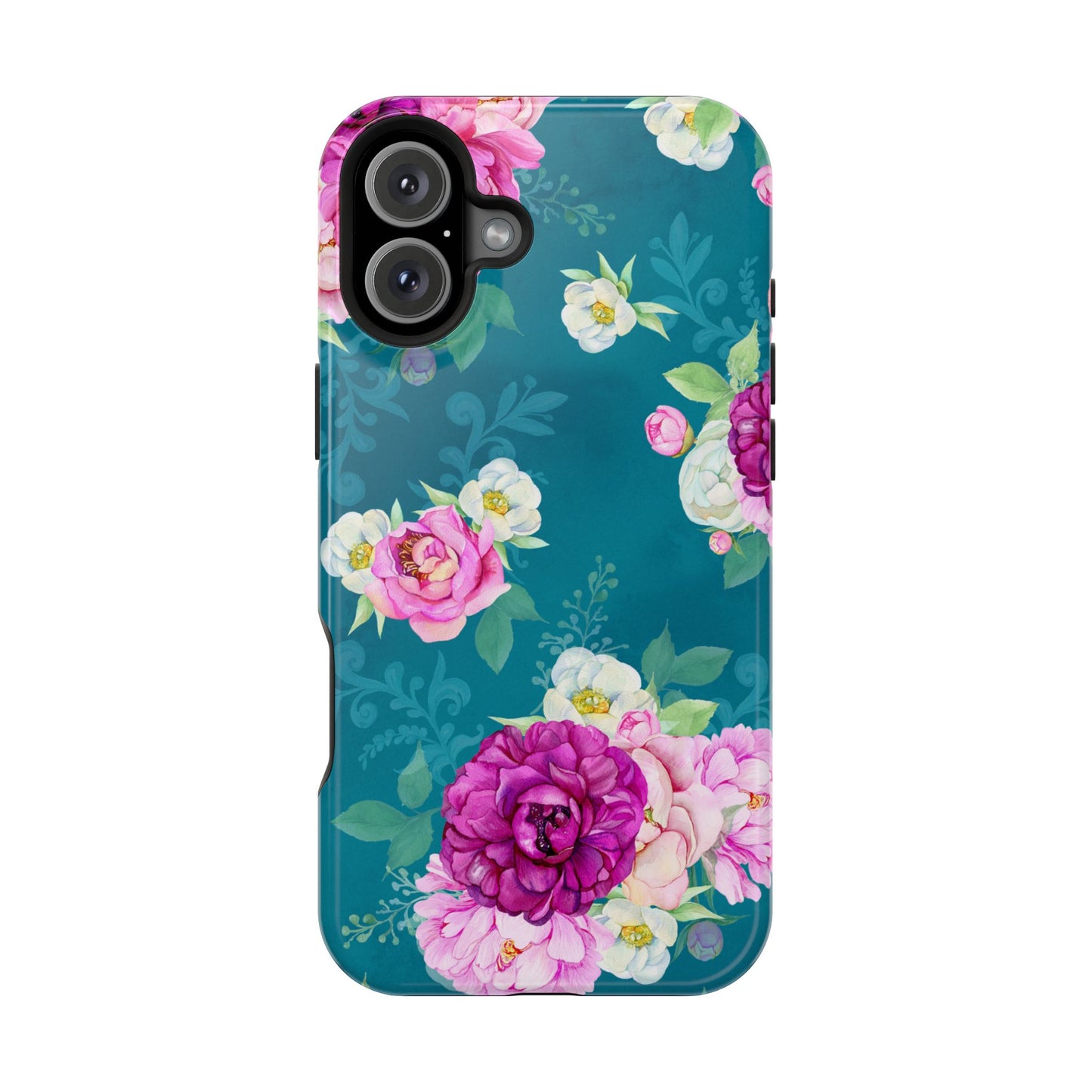 Elegant Peony Bouquet MagSafe iPhone Case – Deep Teal Background with Romantic Floral Design