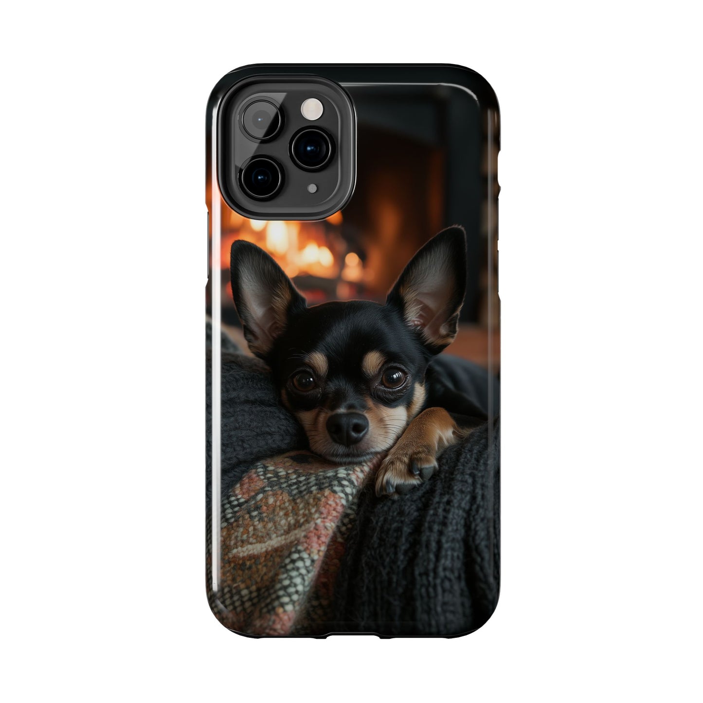 Cozy Chihuahua Fireplace iPhone Case – Warm and Stylish Design