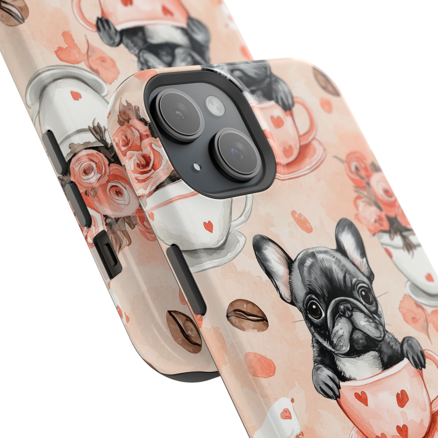 French Bulldogs in Heart Teacups MagSafe iPhone Case – Cute Dog & Floral Design, Shockproof Protection