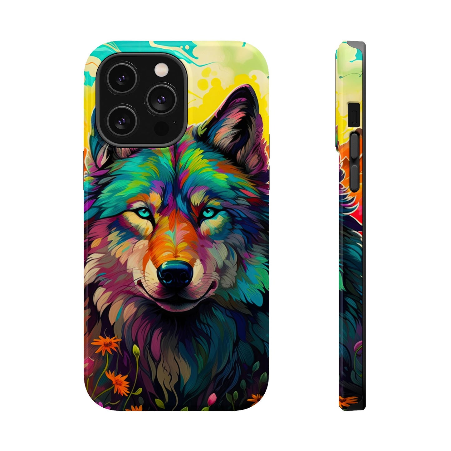 Rainbow Wolf in Bloom – MagSafe iPhone Case with Nature-Inspired Design