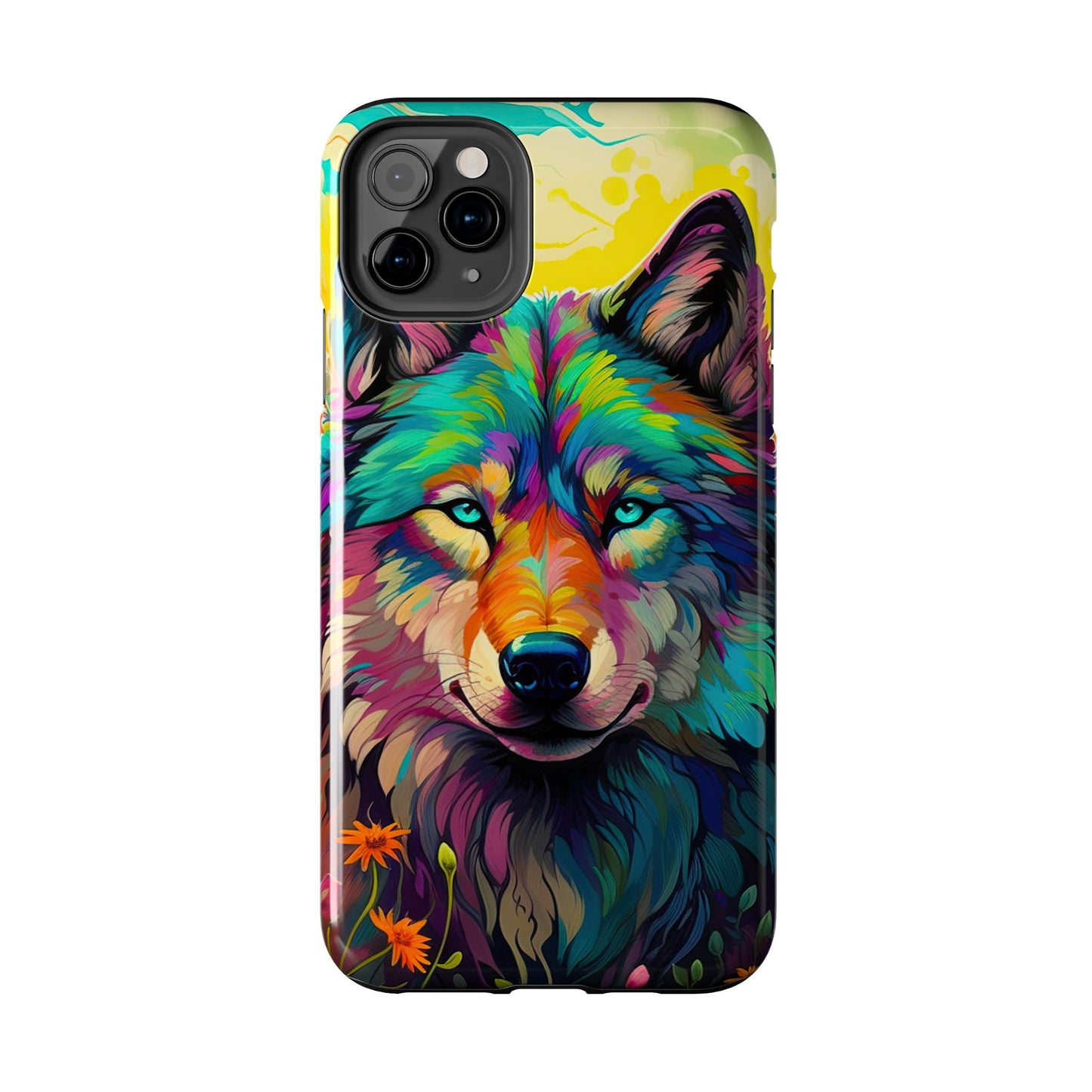 Rainbow Wolf in Bloom – iPhone Case with Vivid Nature Design