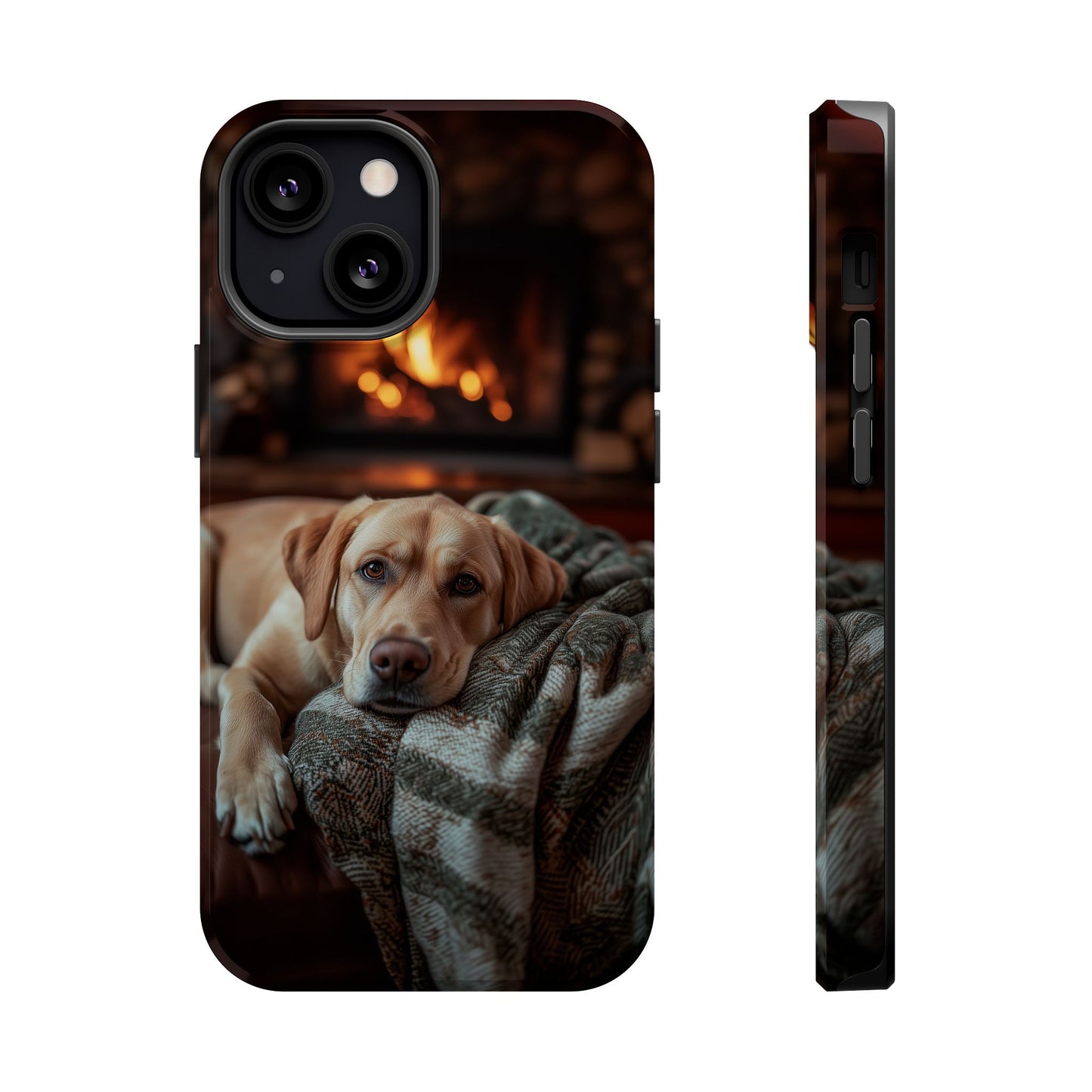 Cozy Labrador by Fireplace MagSafe iPhone Case – Rustic Cabin Protective Cover