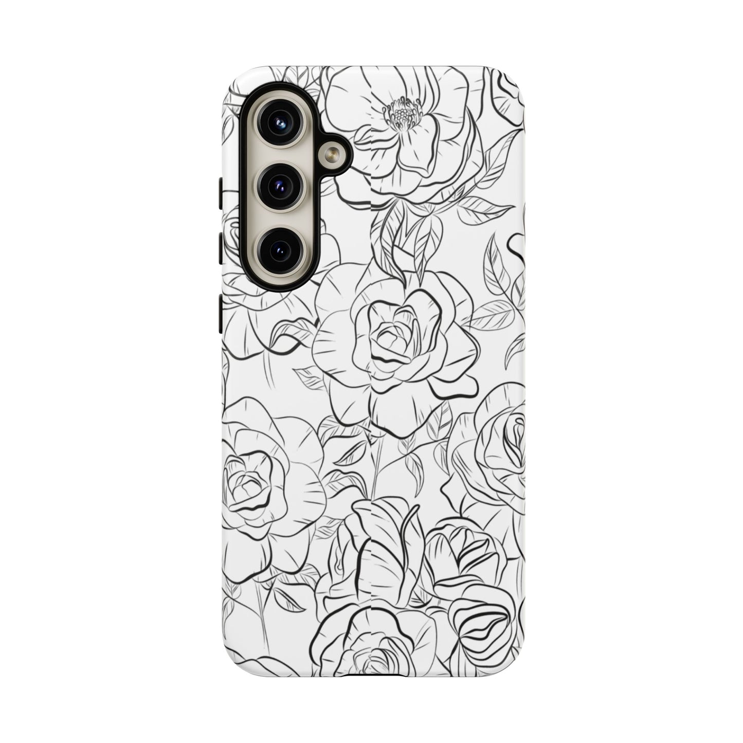 Monochrome Rose Garden Tough Samsung Galaxy Case – Elegant Floral Line Art with Dual-Layer Protection