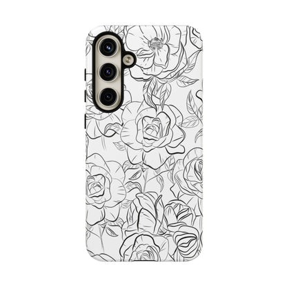 Monochrome Rose Garden Tough Samsung Galaxy Case – Elegant Floral Line Art with Dual-Layer Protection