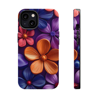 Bold Floral 3D MagSafe iPhone Case – Vivid Purple and Orange Flower Design, Shock-Resistant