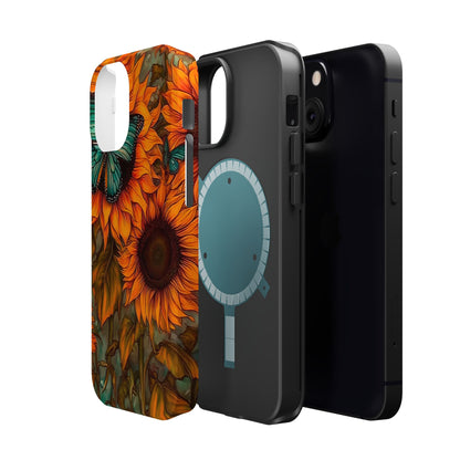 Vintage Blue Butterfly & Sunflower Art – MagSafe iPhone Case