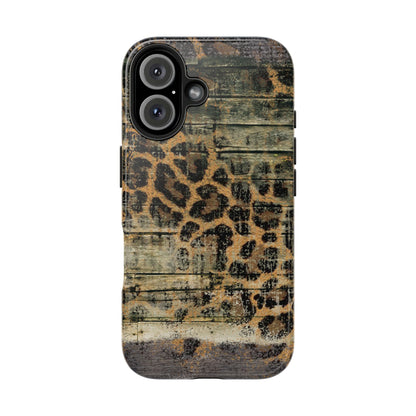 Rustic Wood and Leopard Print Tough iPhone Case – Distressed Western Design with Dual-Layer Protection