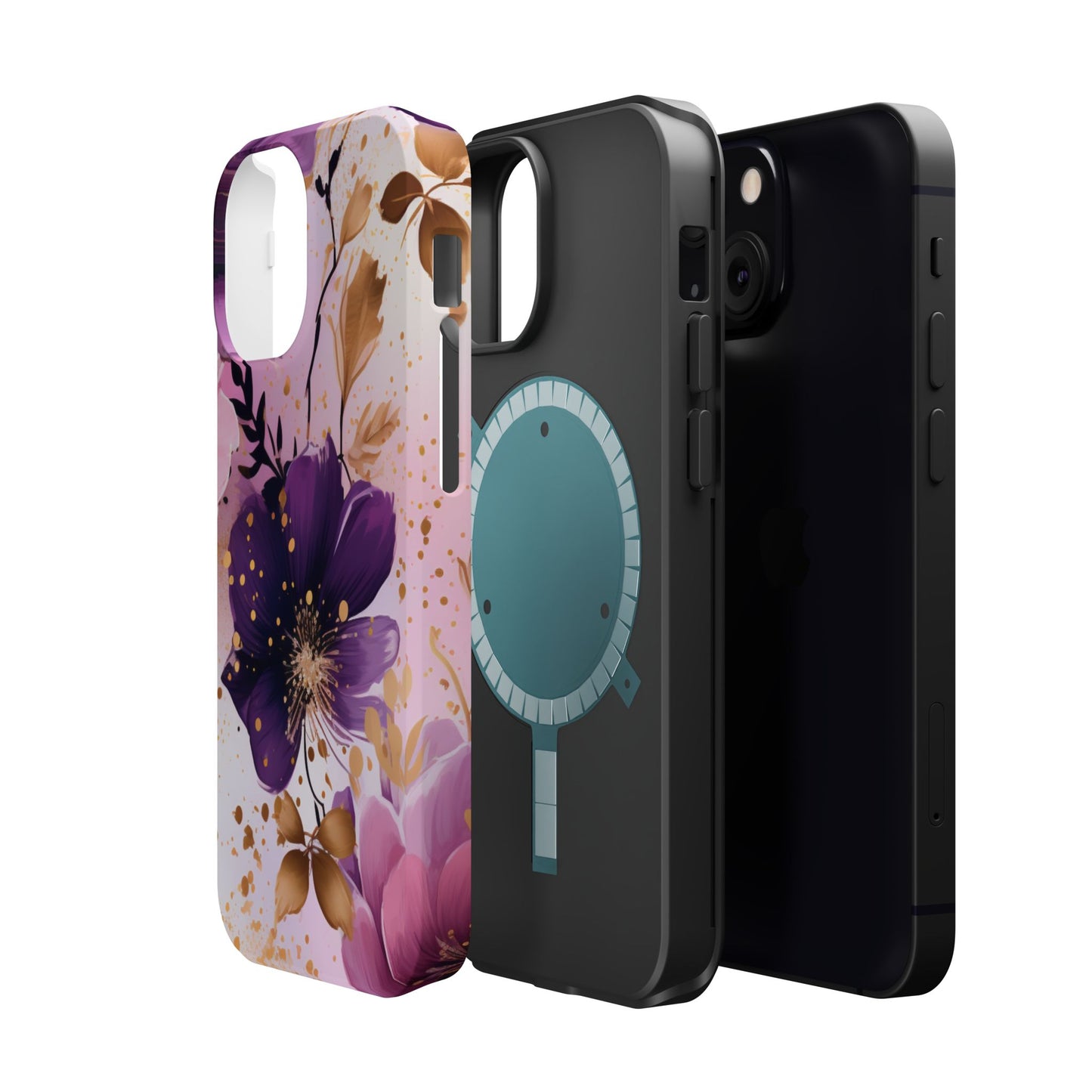 Elegant Purple & Gold Floral MagSafe iPhone Case - Luxe Flower Design