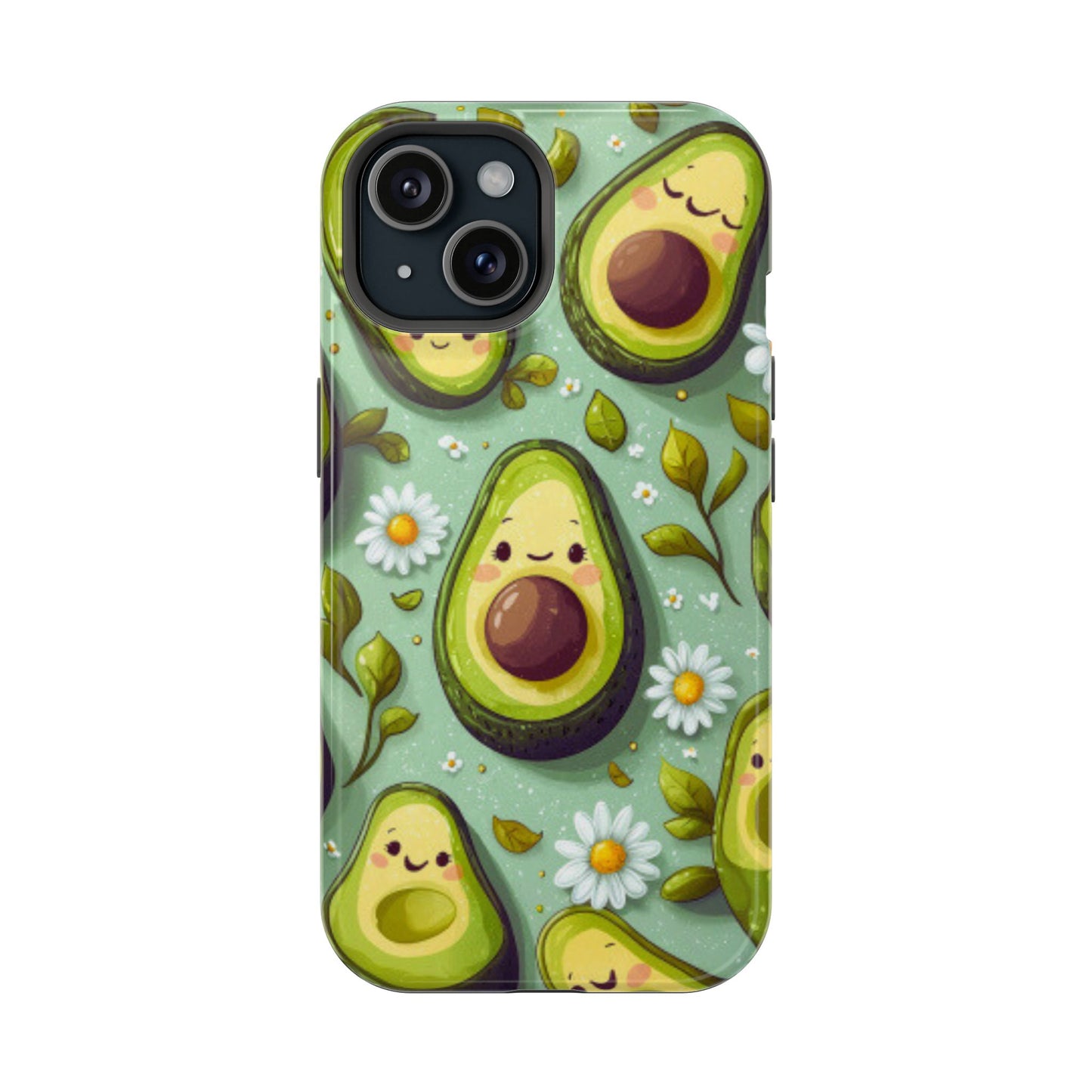 Cute Avocado MagSafe iPhone Case – Adorable Kawaii Avocados with Daisies, Shock-Resistant