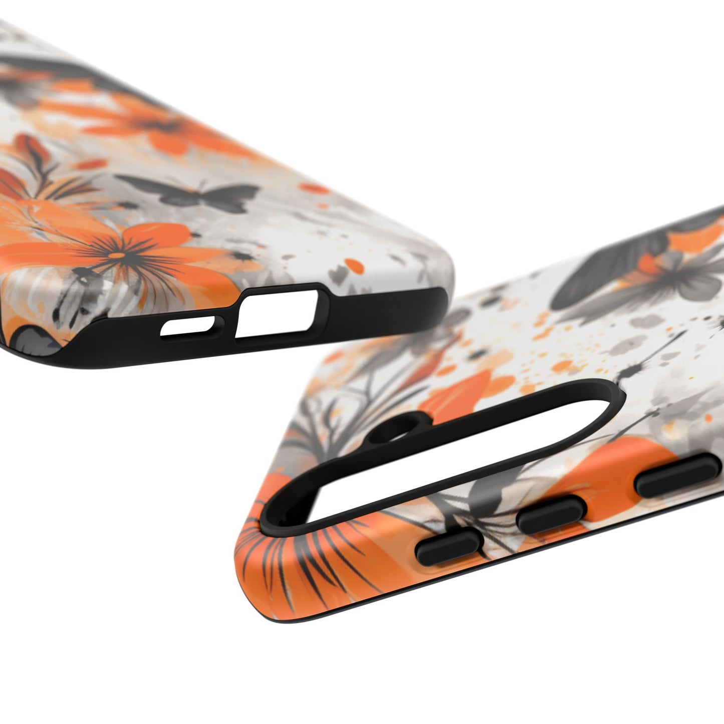 Orange Blossom & Black Butterfly Samsung Galaxy Case – Bold Floral Pattern with Modern Abstract Style