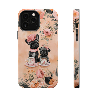 Floral French Bulldogs MagSafe iPhone Case – Elegant Dog Design with Tea Cups & Roses, Shockproof Protection