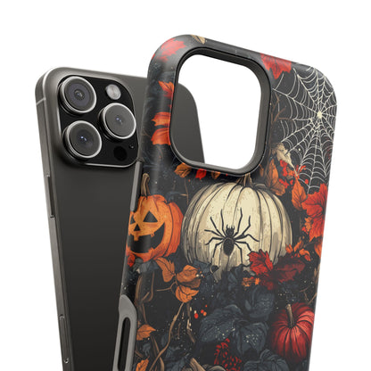 Hauntingly Elegant Halloween MagSafe iPhone Case – Pumpkins, Spiders, and Autumn Leaves Design