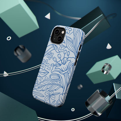 Dusty Blue Floral Line Art Tough MagSafe iPhone Case – Minimalist Botanical Design with Dual-Layer Protection