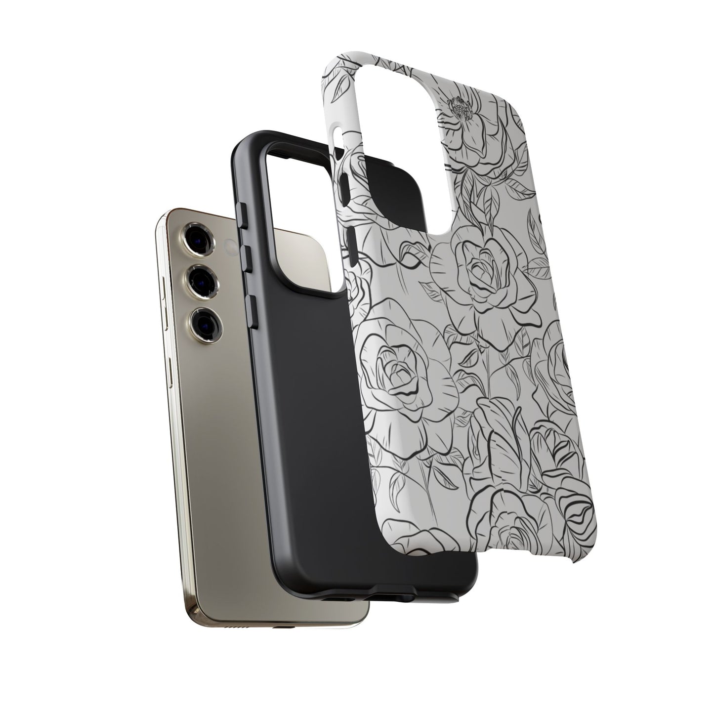 Monochrome Rose Garden Tough Samsung Galaxy Case – Elegant Floral Line Art with Dual-Layer Protection