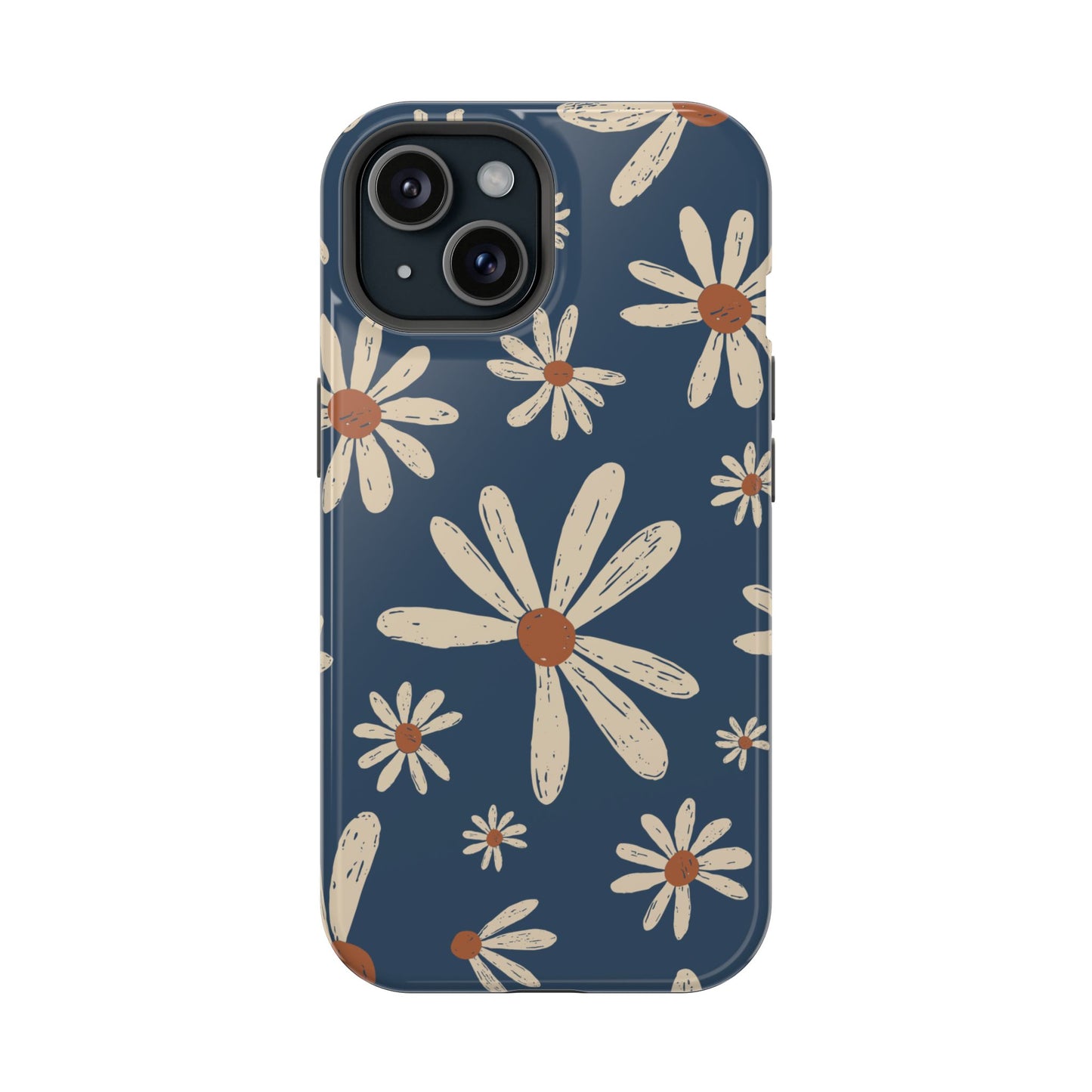 Vintage Daisies MagSafe iPhone Case – Navy Blue Floral Design, Scratch-Resistant with Shock-Absorbing Bumper