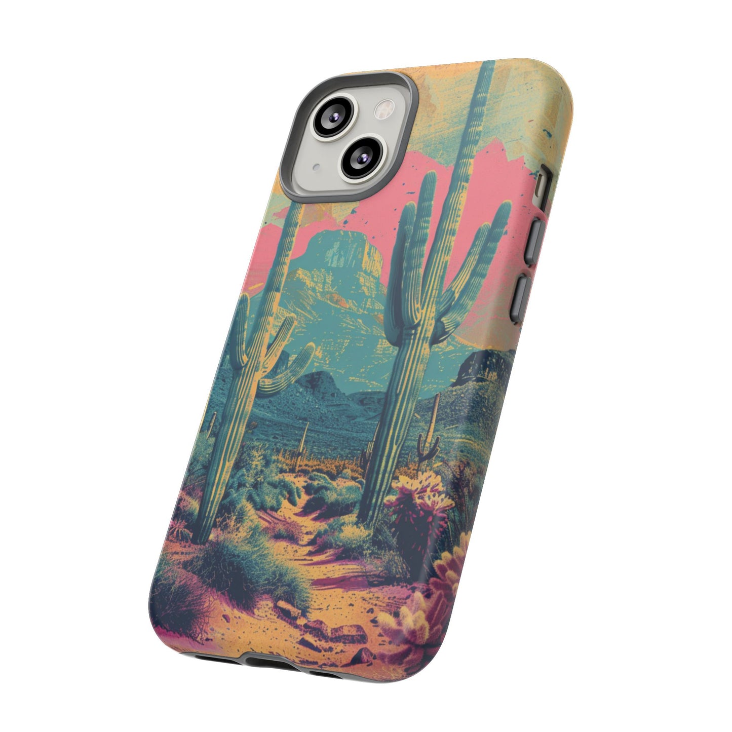 Desert Oasis Retro Cactus Phone Case - Vibrant Sunset Landscape for iPhone 15/14/13/12, Samsung S24/S23/S22/S21, & Google Pixel