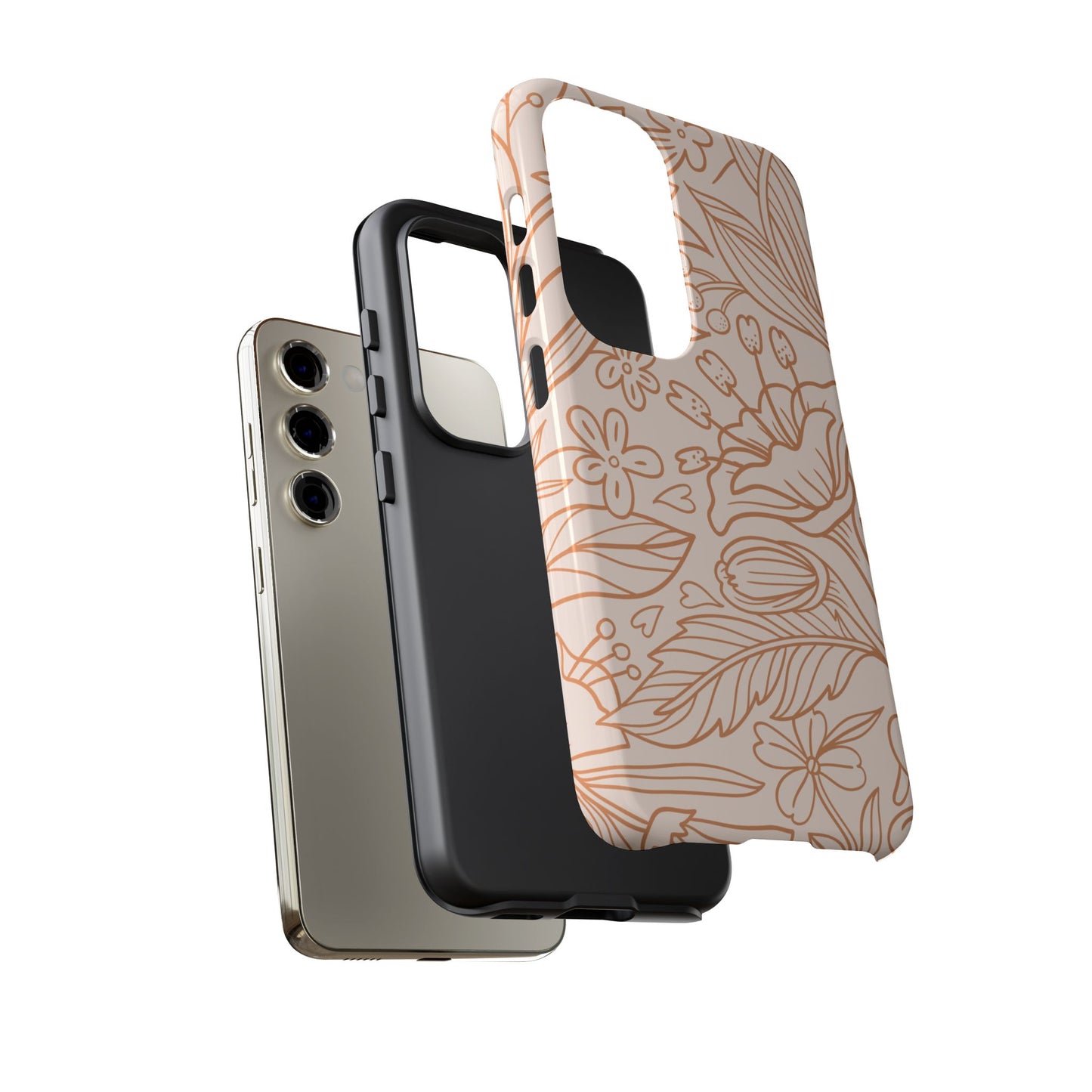 Soft Terracotta Floral Line Art Tough Samsung Galaxy Case – Minimalist Botanical Design with Dual-Layer Protection