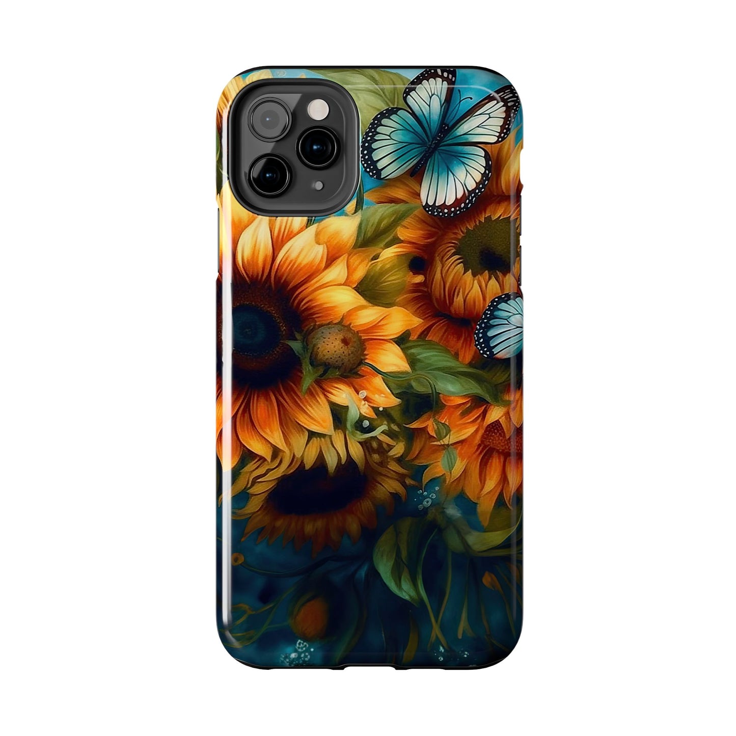 Aqua Blue Butterfly & Sunflower Art – iPhone Case