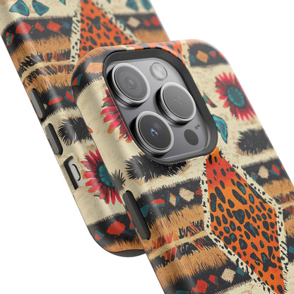 Wild Boho Leopard Print & Floral Tough MagSafe iPhone Case – Eclectic Tribal Design, Dual-Layer Protection