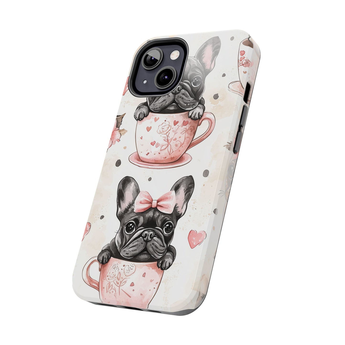 French Bulldogs in Teacups iPhone Case – Cute Dog Design with Hearts & Bows, Shockproof & Slim - BOGO Cases