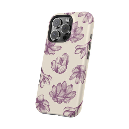 Vintage Botanical Floral Tough MagSafe iPhone Case – Hand-Drawn Purple Flowers, Shockproof Design