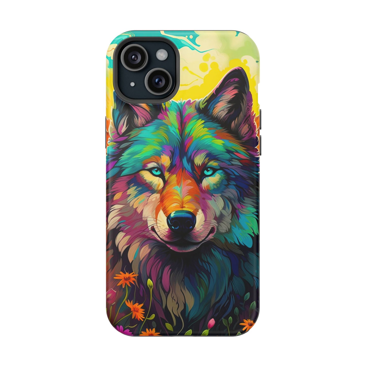 Rainbow Wolf in Bloom – MagSafe iPhone Case with Nature-Inspired Design