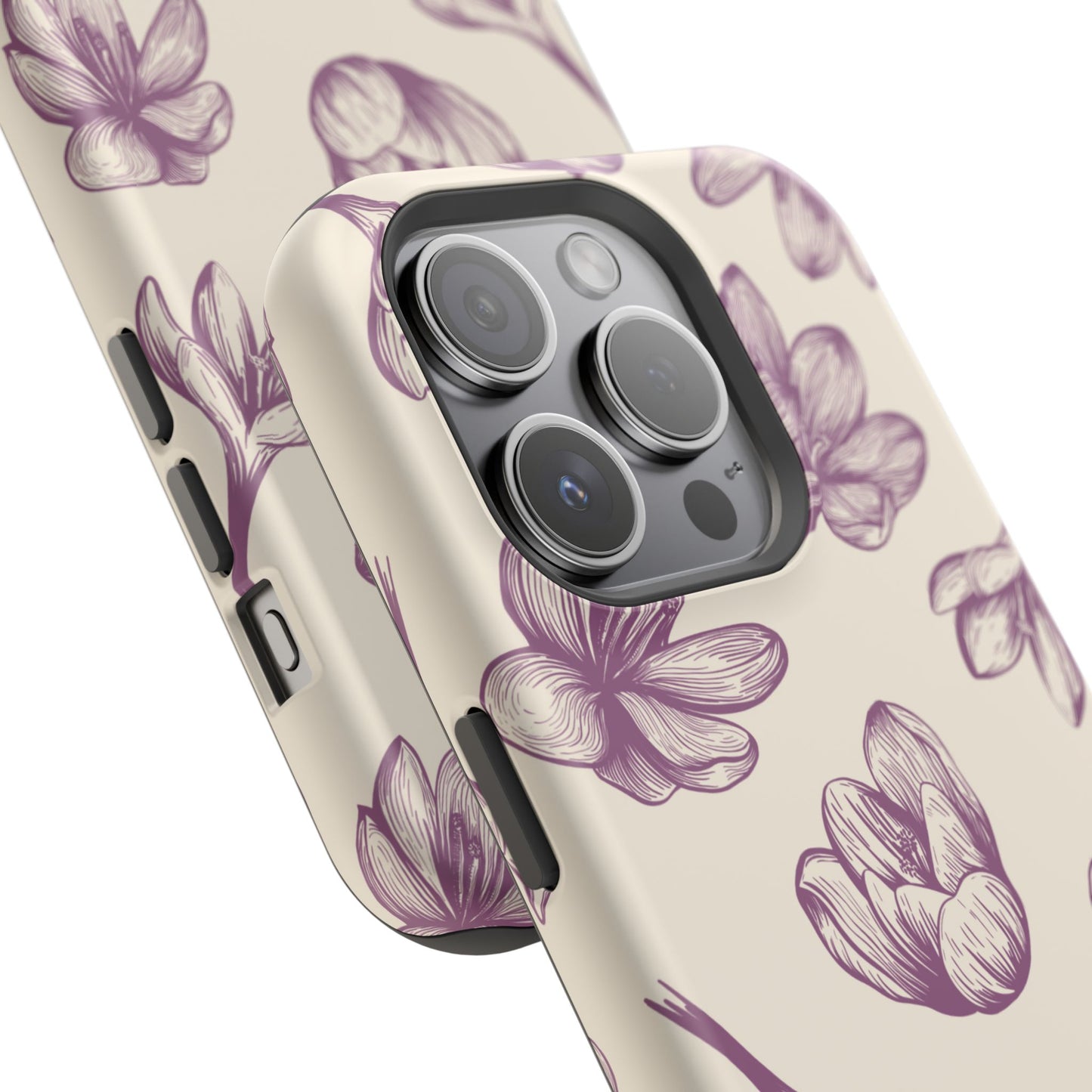 Vintage Botanical Floral Tough MagSafe iPhone Case – Hand-Drawn Purple Flowers, Shockproof Design