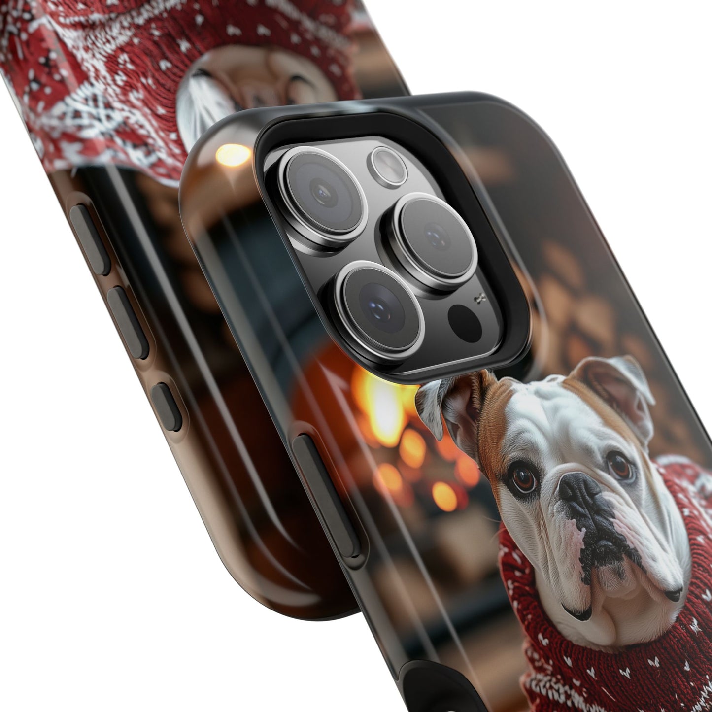 Cozy Bulldog in Sweater MagSafe iPhone Case – Festive Fireplace Protective Cover