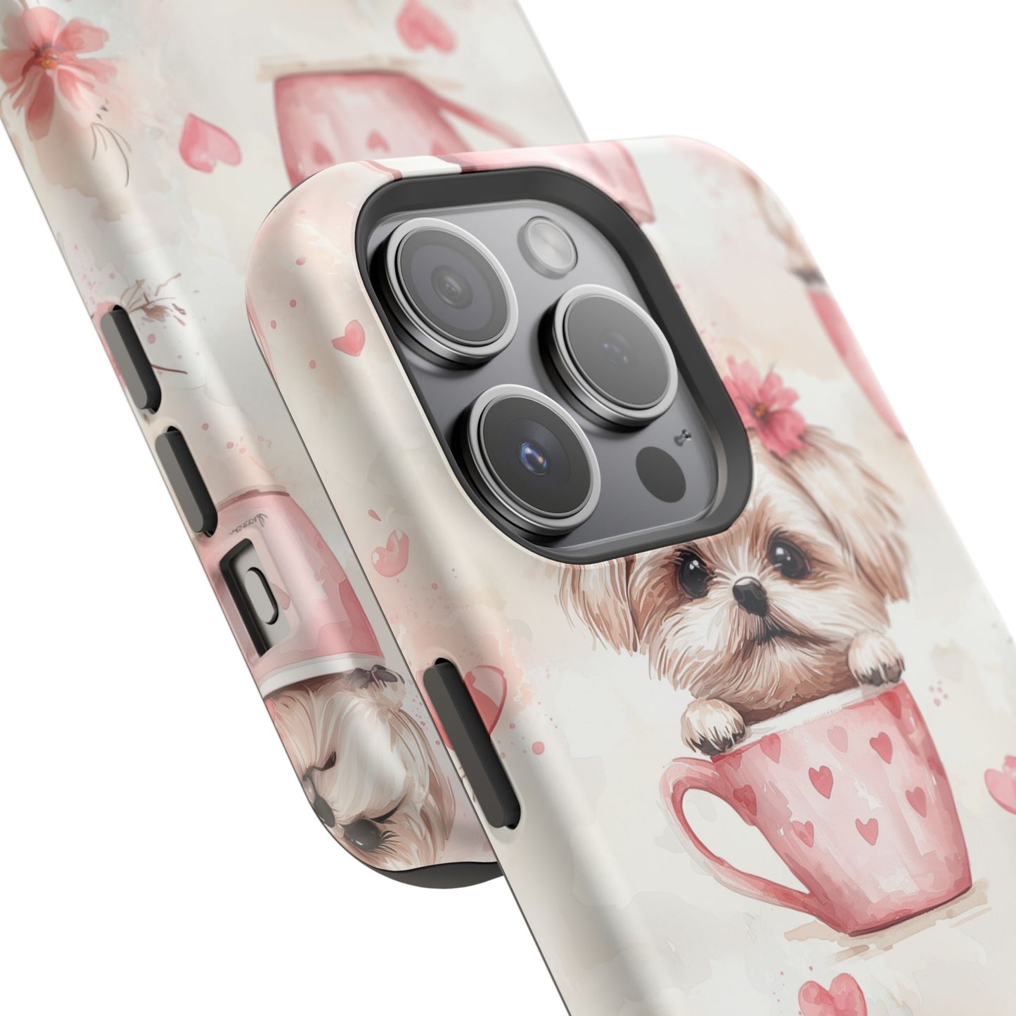 Floral Puppy in Teacup MagSafe iPhone Case – Cute Pink Flower Design, Tough Dual-Layer Protection