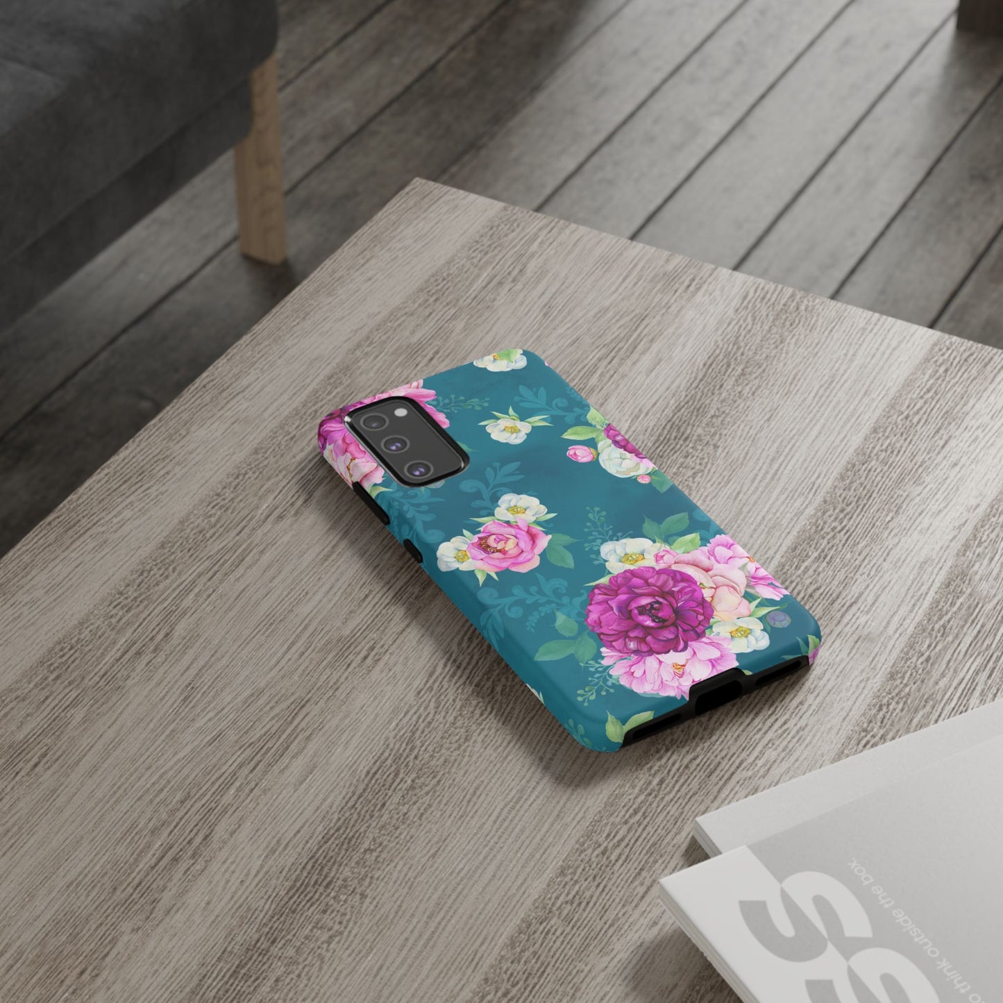 Elegant Peony Bouquet Samsung Galaxy Case – Deep Teal Background with Romantic Floral Design