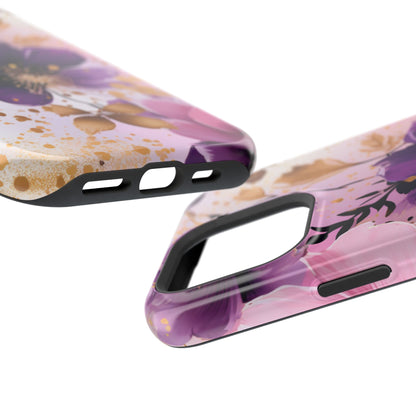 Elegant Purple & Gold Floral MagSafe iPhone Case - Luxe Flower Design