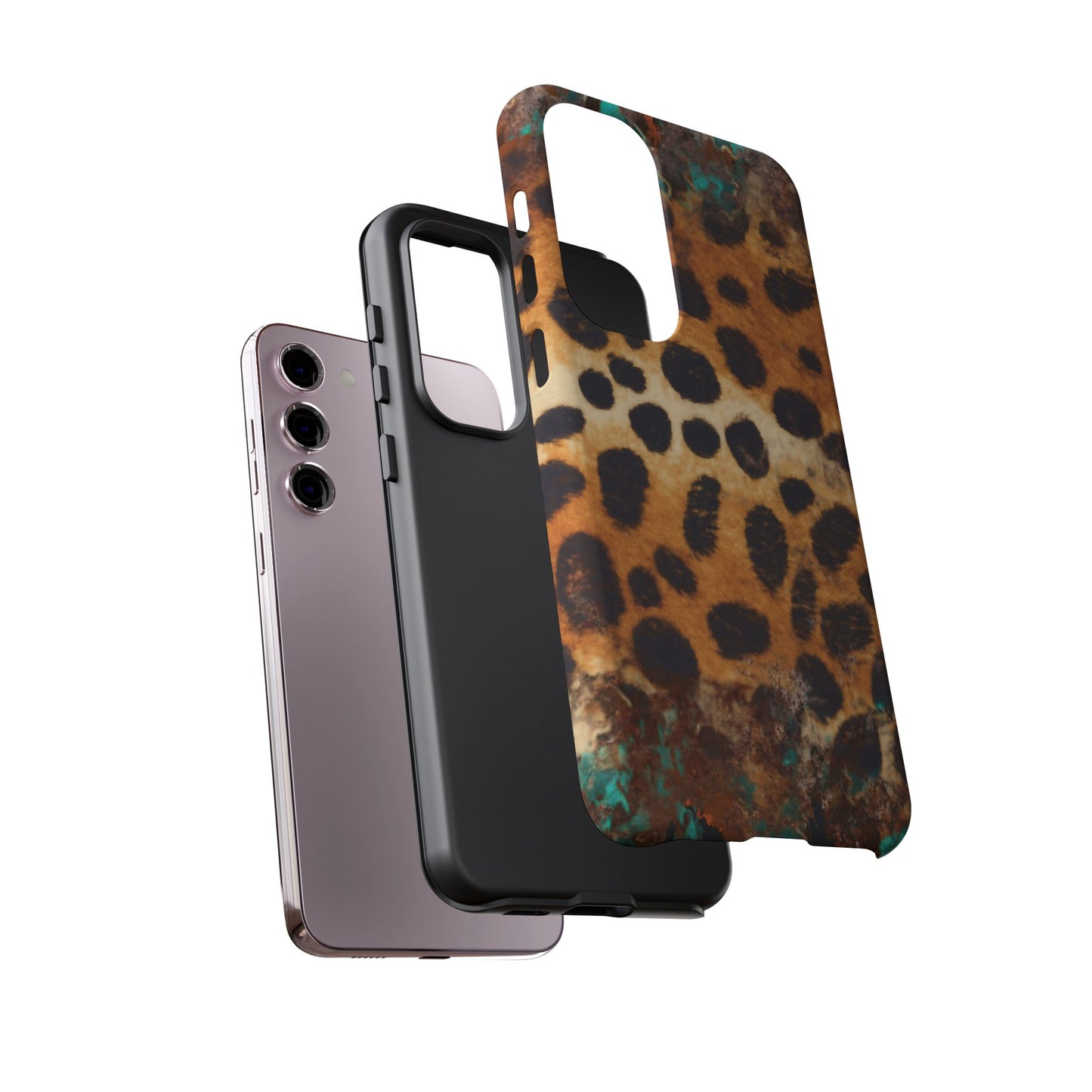 Rustic Leopard Print Tough Samsung Galaxy Case – Distressed Turquoise and Animal Pattern with Dual-Layer Protection