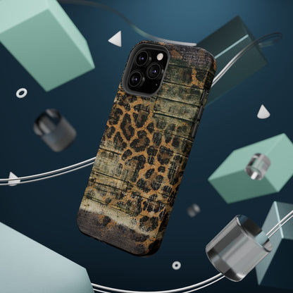 Rustic Wood and Leopard Print Tough MagSafe iPhone Case – Distressed Western Design with Dual-Layer Protection