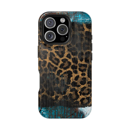 Boho Leopard and Turquoise Tough MagSafe iPhone Case – Rustic Western Design with Dual-Layer Protection