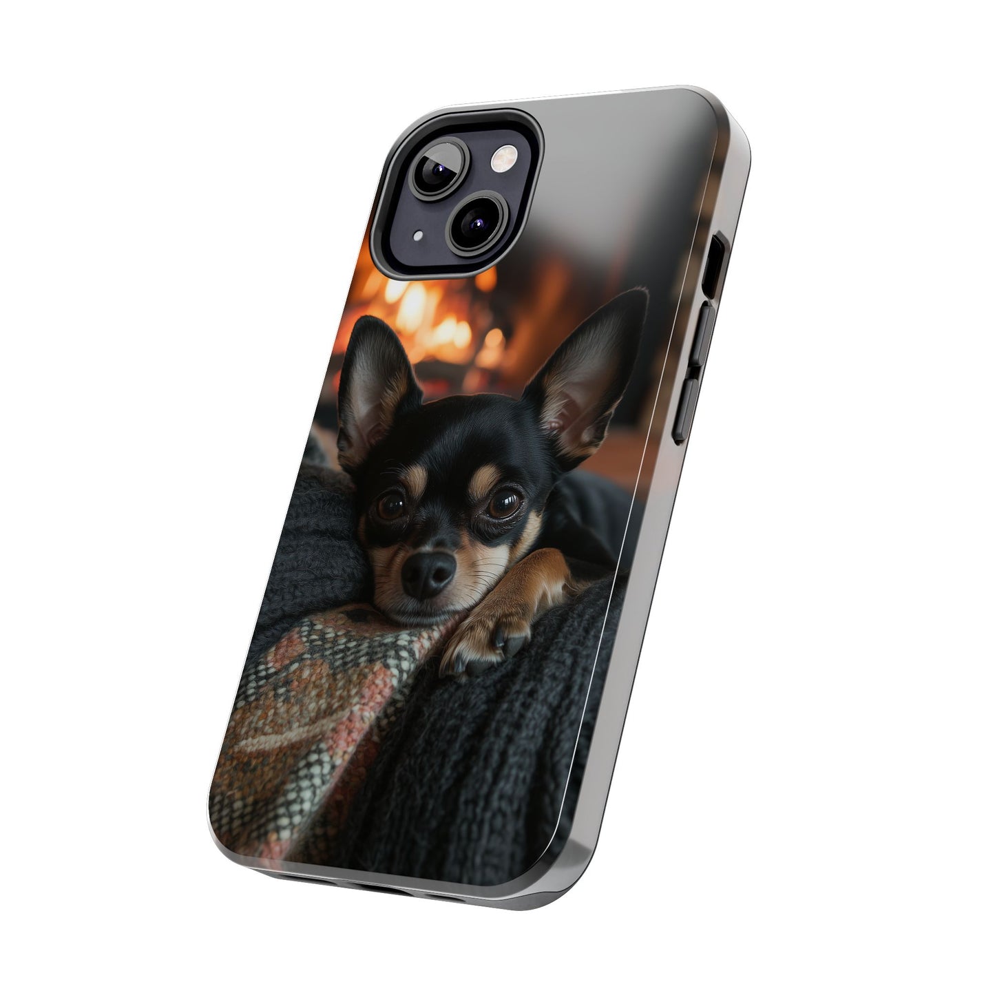 Cozy Chihuahua Fireplace iPhone Case – Warm and Stylish Design