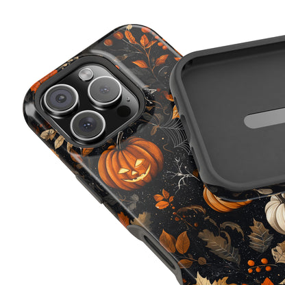 Elegant Halloween MagSafe iPhone Case – Pumpkin Jack-o'-Lanterns, Cobwebs & Autumn Foliage Design