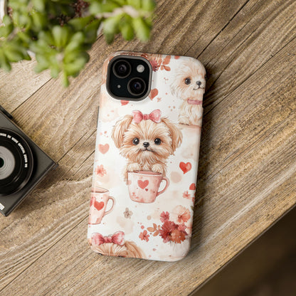 Puppies & Heart Mugs MagSafe iPhone Case – Sweet Dog & Floral Design, Shockproof & Slim