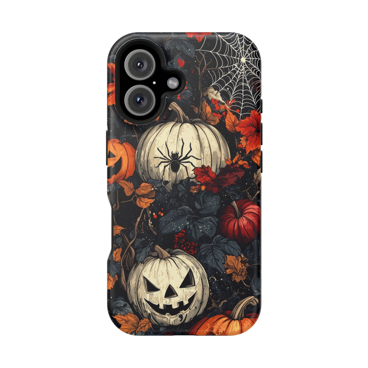 Hauntingly Elegant Halloween MagSafe iPhone Case – Pumpkins, Spiders, and Autumn Leaves Design