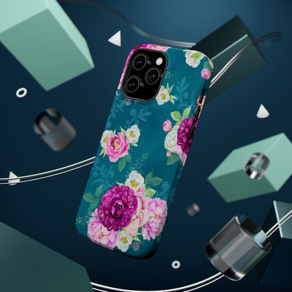 Elegant Peony Bouquet MagSafe iPhone Case – Deep Teal Background with Romantic Floral Design