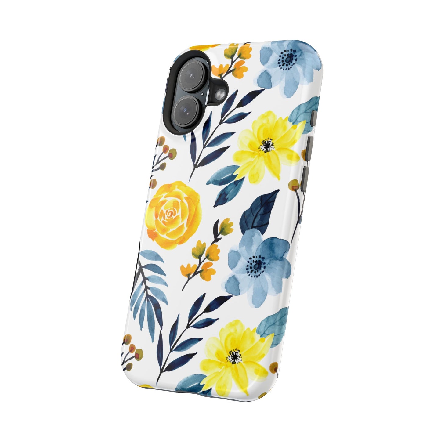 Golden Yellow & Sky Blue Floral – Watercolor Botanical MagSafe iPhone Case