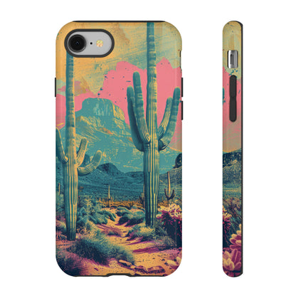 Desert Oasis Retro Cactus Phone Case - Vibrant Sunset Landscape for iPhone 15/14/13/12, Samsung S24/S23/S22/S21, & Google Pixel