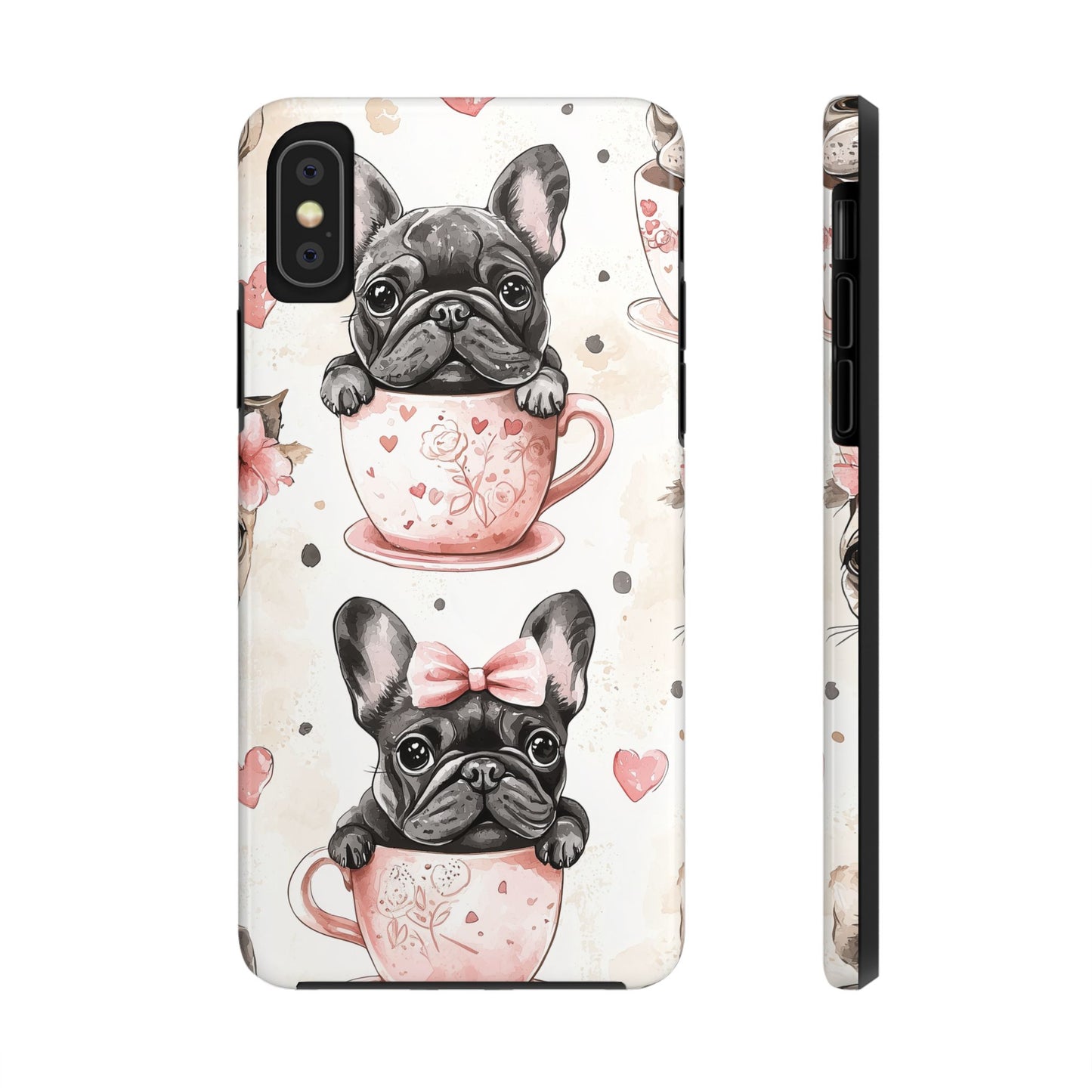 French Bulldogs in Teacups iPhone Case – Cute Dog Design with Hearts & Bows, Shockproof & Slim - BOGO Cases