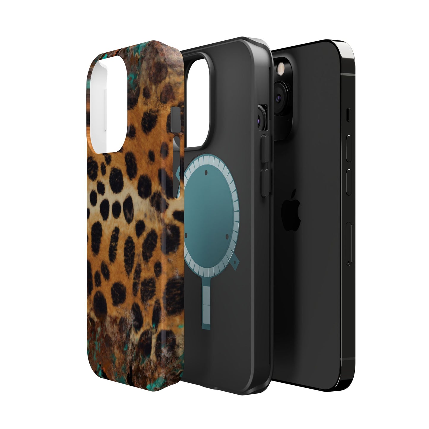 Rustic Leopard Print Tough MagSafe iPhone Case – Distressed Turquoise and Animal Pattern with Dual-Layer Protection