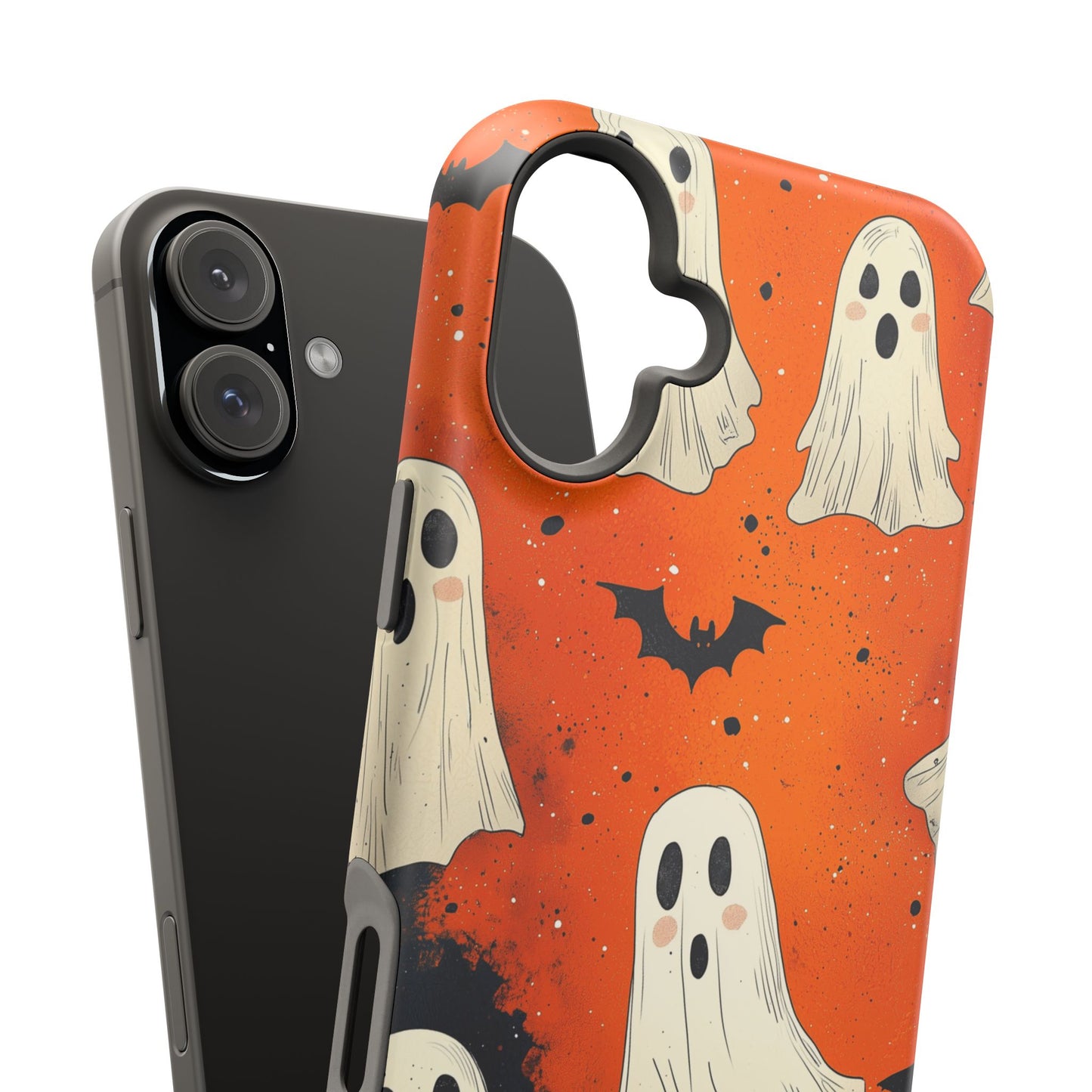 Spooky Ghosts & Bats  MagSafe iPhone Case – Vibrant Orange Halloween Design