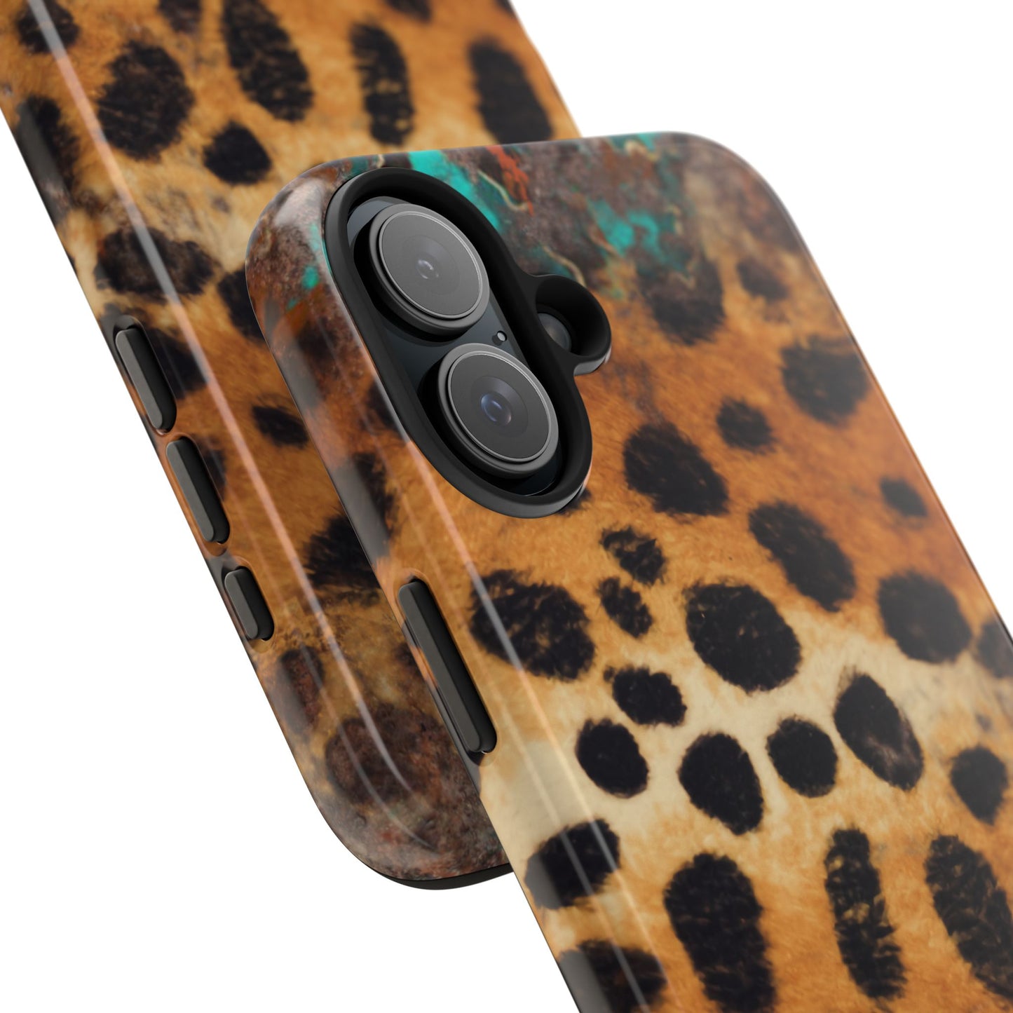 Rustic Leopard Print Tough iPhone Case – Distressed Turquoise and Animal Pattern with Dual-Layer Protection