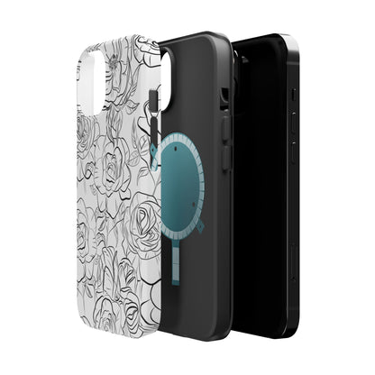 Monochrome Rose Garden Tough MagSafe iPhone Case – Elegant Floral Line Art with Dual-Layer Protection