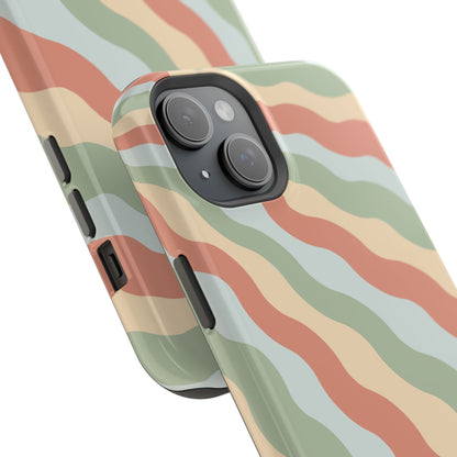 Earthy Retro Waves MagSafe iPhone Case – 70s-Inspired Wavy Stripes in Soft Green, Cream, and Rust