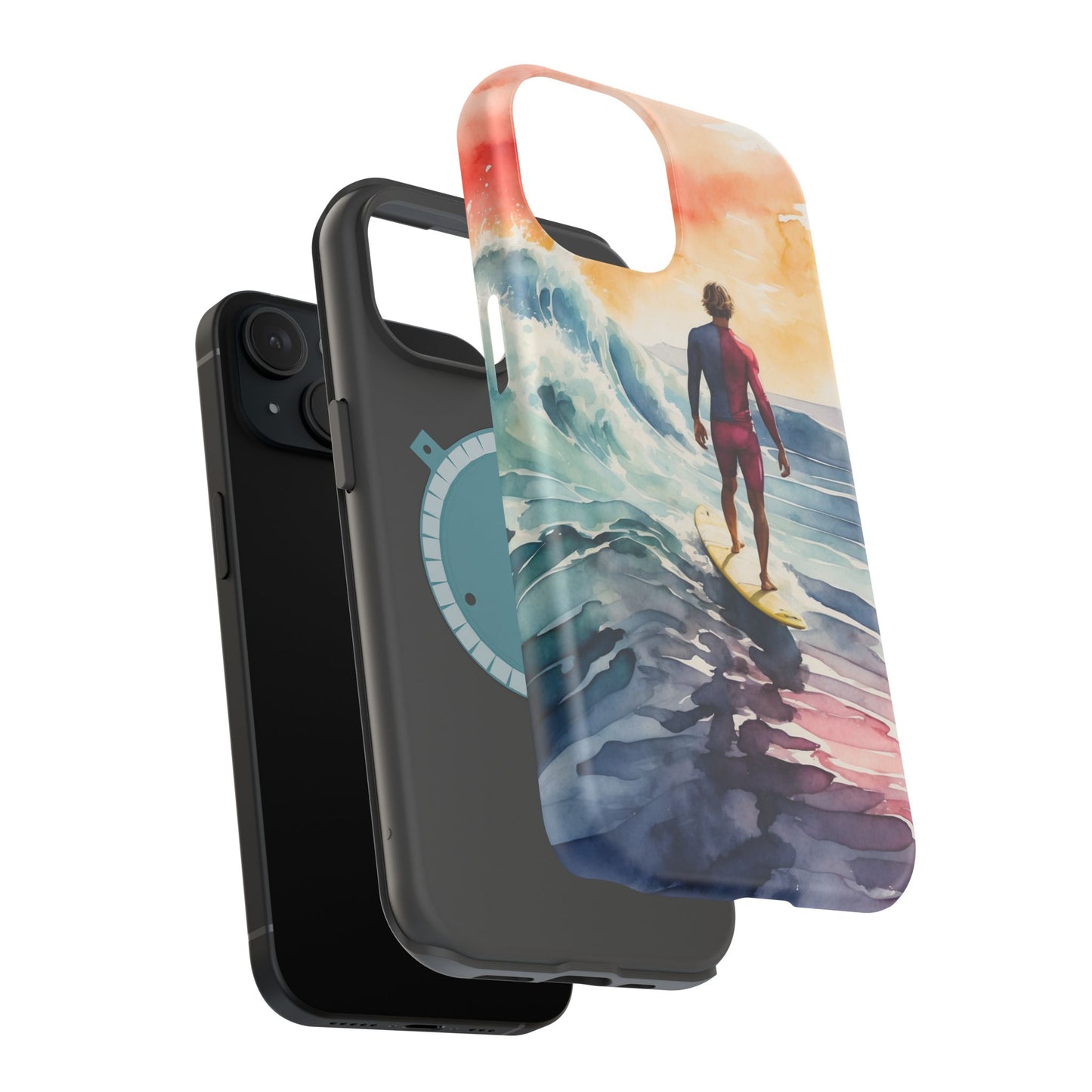 Surfer’s Sunset Wave MagSafe iPhone Case – Vibrant Watercolor Design