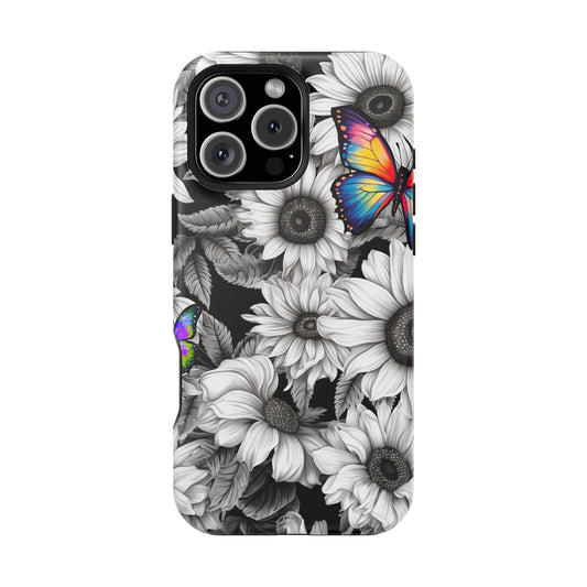 Rainbow Butterflies & Monochrome Sunflowers – MagSafe iPhone Case