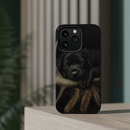 Adorable Black Labrador Puppy on Feathers MagSafe iPhone Case